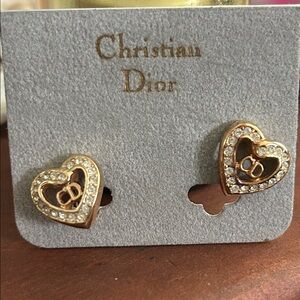 Vintage Christian Dior Gold Heart w/ Crystal CD Logo Earrings, Authentic